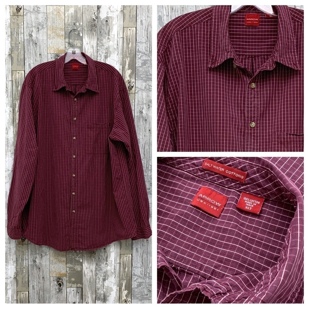 #03 Arrow Burgundy Wine White Check Collared Button Down Shirt Top XL Tall XLT - Picture 2 of 3